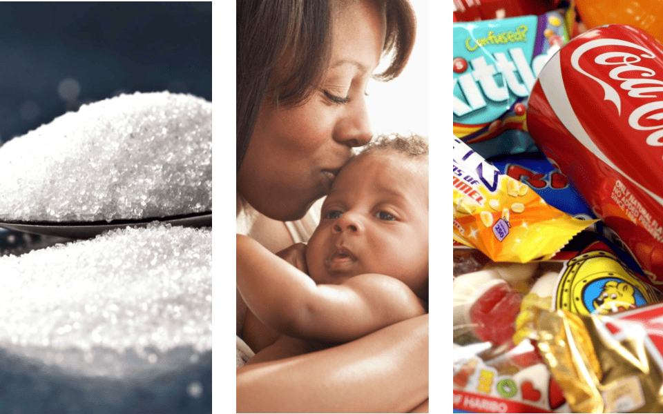 Sugar, a mother and a baby and sugary snacks.